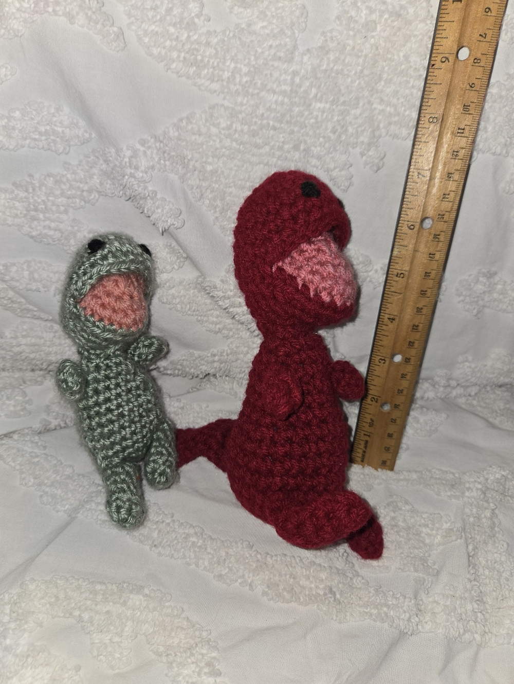 Handmade Crochet Dinosaur Pair - Red and Green Amigurumi Small